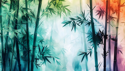 Sticker - illustration watercolor tropical bamboo trees forest background