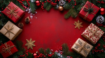 Wall Mural - Decorative Christmas gifts arranged beautifully with festive elements on a red background