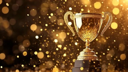 a golden trophy sits on a black base with sparkling lights in the background