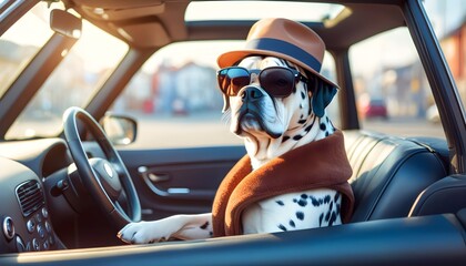 Wall Mural - Dalmatian Dog in Hat Relaxing Inside Travel Suitcase on Blue Background