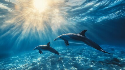 Dolphins harmoniously swimming in idyllic clear ocean setting