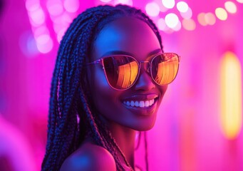 A confident Black woman with long braids smiling in vibrant colors at a celebration