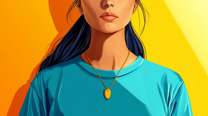 young woman with long dark hair is depicted wearing turquoise shirt and gold necklace, set against vibrant yellow background. image conveys sense of calm and confidence. 