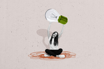 Sticker - Trend artwork sketch image photo collage of smart genius knowledge inspiration clever young woman sit lotus pose hand up hold idea lamp