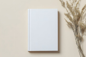 Poster - White book blank cover mockup on a beige background with dry flower, flat lay, mockup