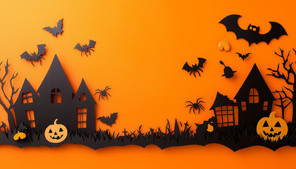 Halloween background with pumpkins, bats and castles