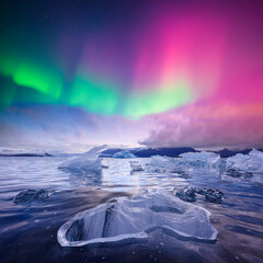 Purple Aurora Borealis over Jokulsarlon Glacial Lagoon in Iceland. Gorgeous Icelandic landscape with icebergs and Northern lights. Polar lights