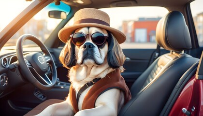 Wall Mural - Spaniel wearing summer hat lounging in travel suitcase under the sun