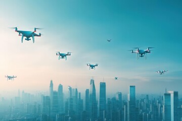 Poster - Futuristic city skyline, drones in the sky, 3D illustration