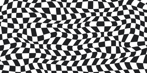 Aufkleber - Twisted checkered colorful background. Abstract vector pattern. Black and white colors. Retro wavy psychedelic checkerboard	