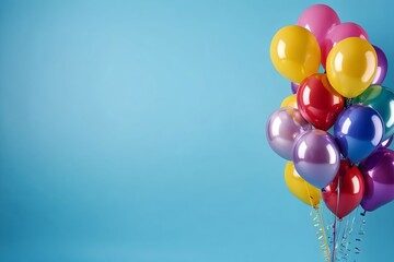 Colorful Balloons on a Blue Background with Copy Space, Perfect for Party Celebrations, Birthdays, and Festive Holiday Designs.