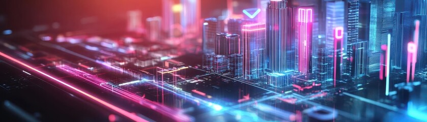 Fototapete - Holographic city model, shade projection, glowing neon accents, futuristic urban planning