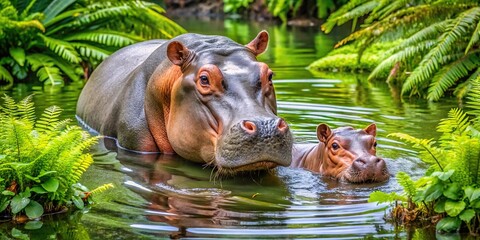 fawn hippopotamus swimming in pond surrounded by ferns and flowers