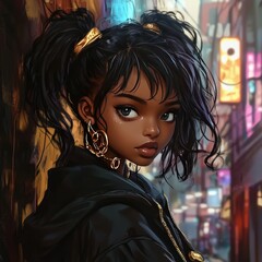 A youth girl with black race in anime cartoon image. The  designs are dynamic and eye-catching.  The anime style brings a sense of fun and creativity. It's a combination of art and commerce.