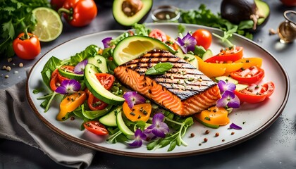 Salmon fish steak grilled, avocado and fresh vegetable salad with tomato, bell pepper and leafy vegetables. Top view, copy space.
