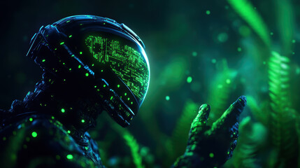 Poster - A man in a green helmet with a glowing face is reaching out to touch a plant. The image has a futuristic and otherworldly feel to it, with the green helmet