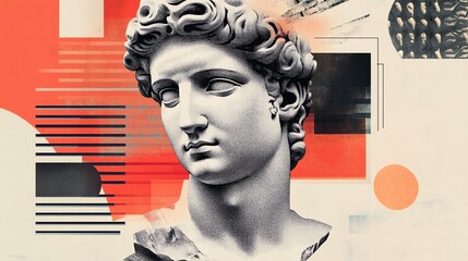 A vintage-style image of a classical sculpture with an abstract geometric background.