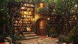 © Nathan - A charming cozy library amidst lush greenery, featuring wooden shelves filled with books and a warm inviting entrance.