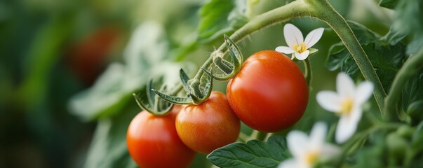 Fresh red tomatoes on green vine