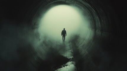 A solitary figure stands in a dark, foggy tunnel, creating an eerie and mysterious atmosphere.