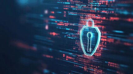 Fototapete - Lock and key symbols in glowing holographic style, surrounded by digital code, dark abstract background, futuristic security, minimalistic