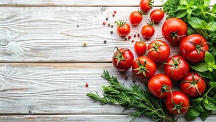 Fresh red tomatoes and herbs on white wooden background minimalist