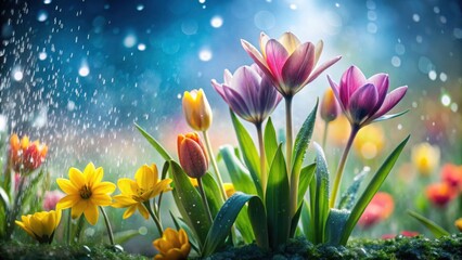 Wall Mural - fresh spring flowers in abstract blurred background with rain drops for nature enthusiasts
