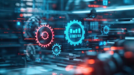 Fototapete - Mechanical gears, floating holograms, digital display, futuristic factory setting