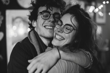 Wall Mural - Guy couple hugging portrait smiling glasses.