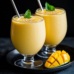 A serving of mango lassi, beautifully lit to showcase the smooth and creamy texture of the drink with its vibrant yellow color.