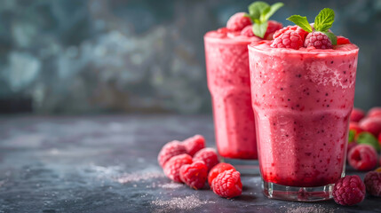 Delight refreshing taste of blended raspberry smoothies drink in clear glasses garnished with fresh mint, fresh fruit dessert healthy beverage delicious summer sweet gourmet nutrition homemade cafe