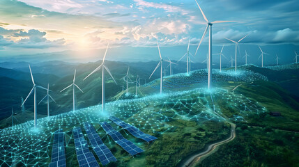 futuristic electricity technology wind turbine solar panel farm sun sunlight wind power environmenta