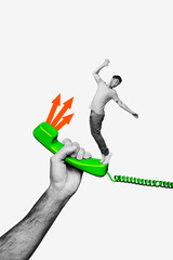 Wall Mural - vertical collage young man falling down balance telephone speech call listen landline cable line han