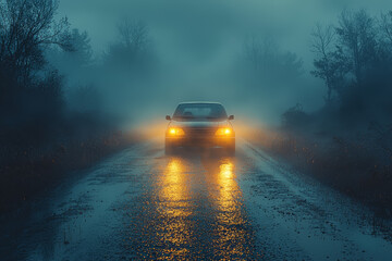 Canvas Print - A car's headlights slicing through the dark on a foggy road, emphasizing the importance of light for navigation. Concept of safety.