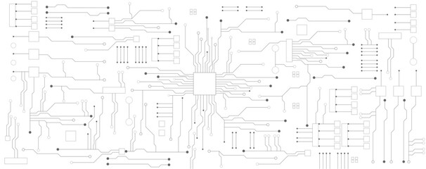 Wall Mural - black and white circuit electronic or electrical line with circle engineering technology concept vec