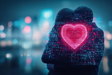 Wall Mural - romantic couple, neon holographic embrace, futuristic city skyline, glowing lights, love in a digita