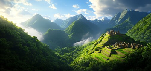 Lush mountains surround ancient ruins, creating a breathtaking natural panorama.