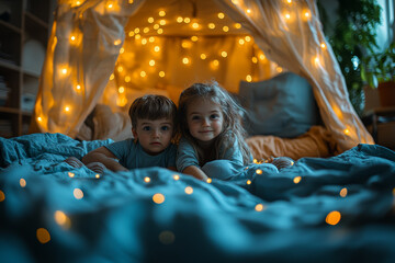 Sticker - Parents and children having a family sleepover in the living room, setting up a fort and watching movies.