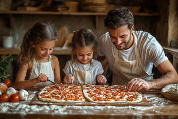 Canvas Print - Parents and children having a creative day at home, making homemade pizzas and decorating them together.