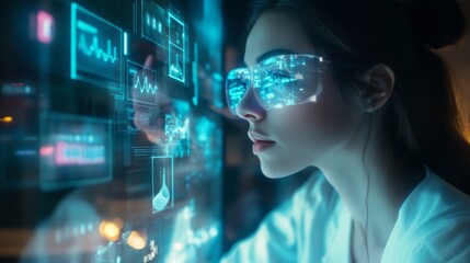 Fototapete - A young woman engages with a glowing digital interface, intently analyzing data and statistics in a contemporary workspace