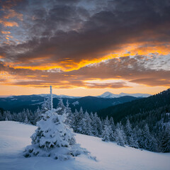 Wall Mural - Fantastic orange sunset in snowy mountains. Winter landscape with snow captured trees and snowy peaks. Christmas holiday concept