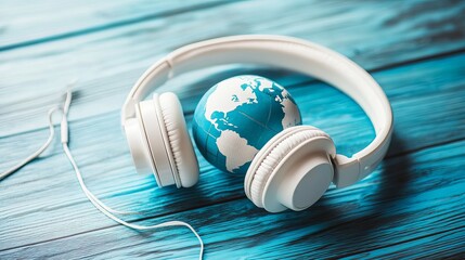 White headphones with a globe design sit on a blue wooden table. It's World Music Day!