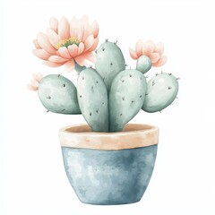 Wall Mural - A watercolor illustration of a cactus in a pot with flowers.