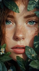 Wall Mural - Close-Up Portrait of a Woman with Green Eyes and Freckles Surrounded by Lush Foliage