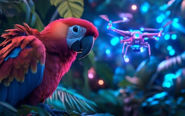 Close-up of a parrot communicating with a drone in a futuristic city, bioluminescent plants surrounding them, magical vibes