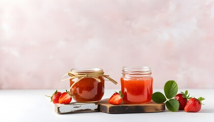 Wall Mural - Freshly Made Strawberry Jam Surrounded by Juicy Berries on a White Table