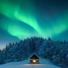 Wall Mural - fairy winter landscape with cozy wooden cabin in snowy forest and incredible northern lights in star