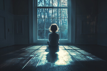Wall Mural - a child looking out from a darkened doorway, with their shadow cast on the floor, symbolizing isolat