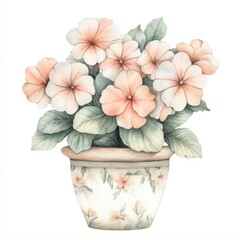 Wall Mural - A watercolor illustration of a potted flower arrangement featuring soft peach and white blossoms.