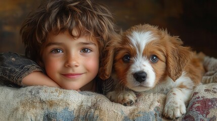 little boy snuggled with a puppy on a soft blanket radiating warmth and happiness both gazing at the viewer with wide eyes encapsulating the innocence and joy of childhood companionship